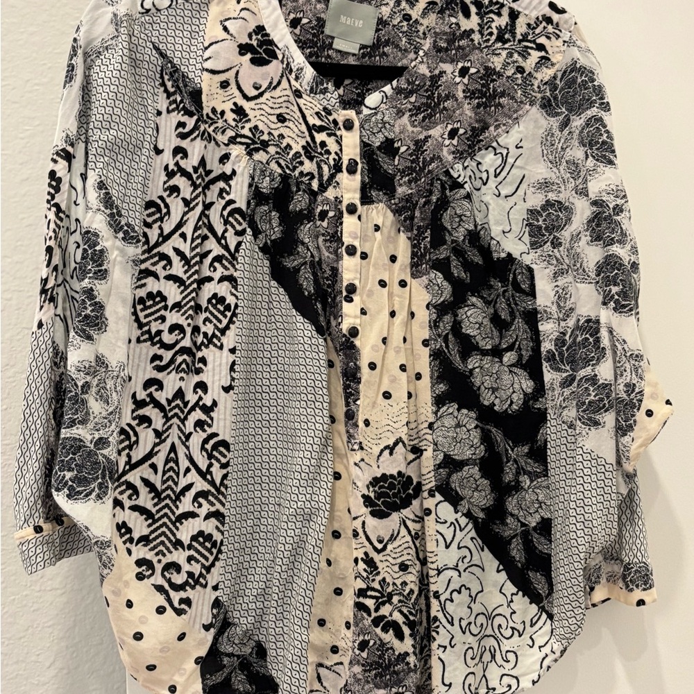 Maeve feminine patchwork patterned buttoned Top polished playful Sz S top
